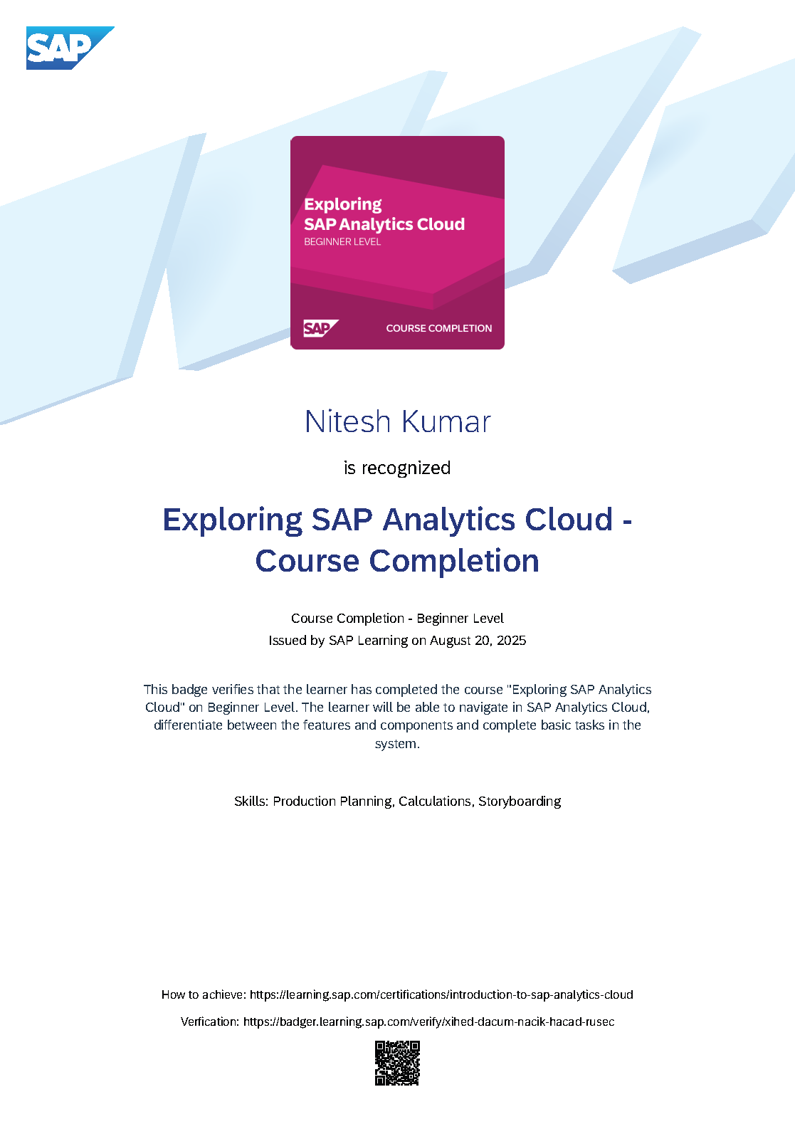 Exploring SAP Analytics Cloud - Course Completion